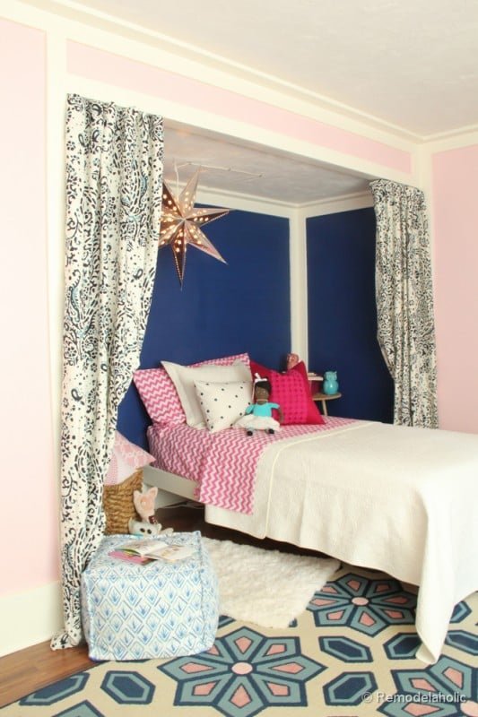 Pink and Navy Girls bedroom with bed nook