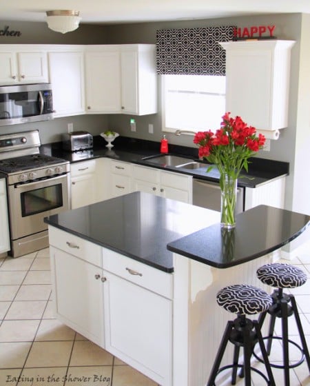 best kitchen remodel ideas -- black and white kitchen makeover adding kitchen island, Eating in the Shower on Remodelaholic