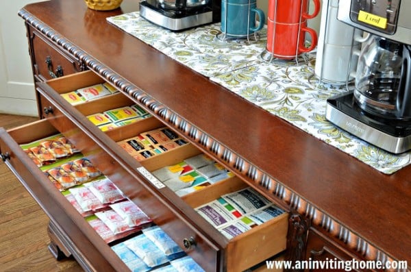 use drawers to organize tea or other drinks in a self-serve coffee bar for guests