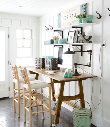 board and batten home office with wall shelving, Country Living via Remodelaholic