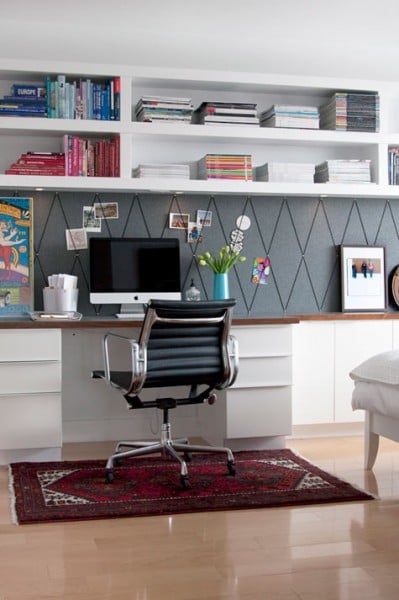 home office with built-in wall shelving, Jess Loraas on Design Sponge via Remodelaholic.com