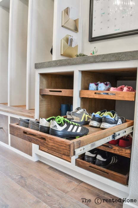 Shoe Storage Idea, Slide Out Shoe Storage Trays In Mudroom Cabinets, The Created Home