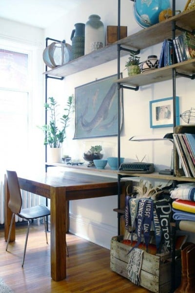 simple industrial wall shelving and home office, Makes Me Smile on Apartment Therapy via Remodelaholic.com