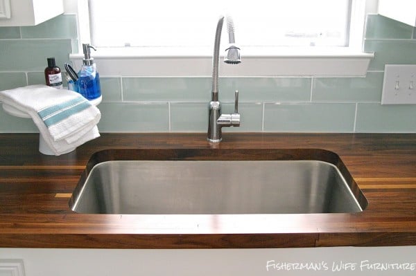 finished undermount sink with butcherblock countertops - small kitchen remodel, Fisherman's Wife Furniture featured on Remodelaholic.com