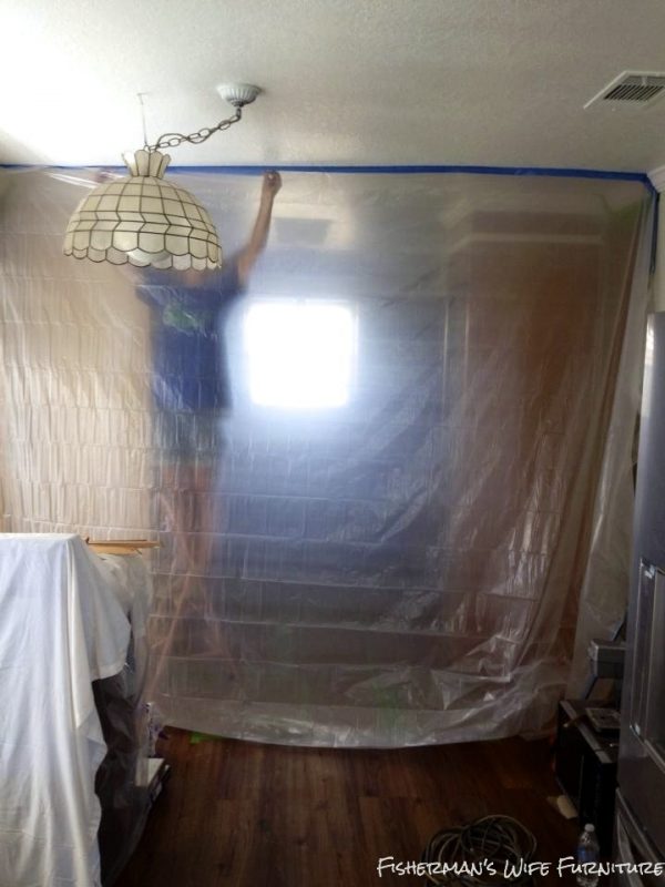 hang a plastic barrier when painting to protect from overspray and dust, Fisherman's Wife Furniture featured on Remodelaholic.com