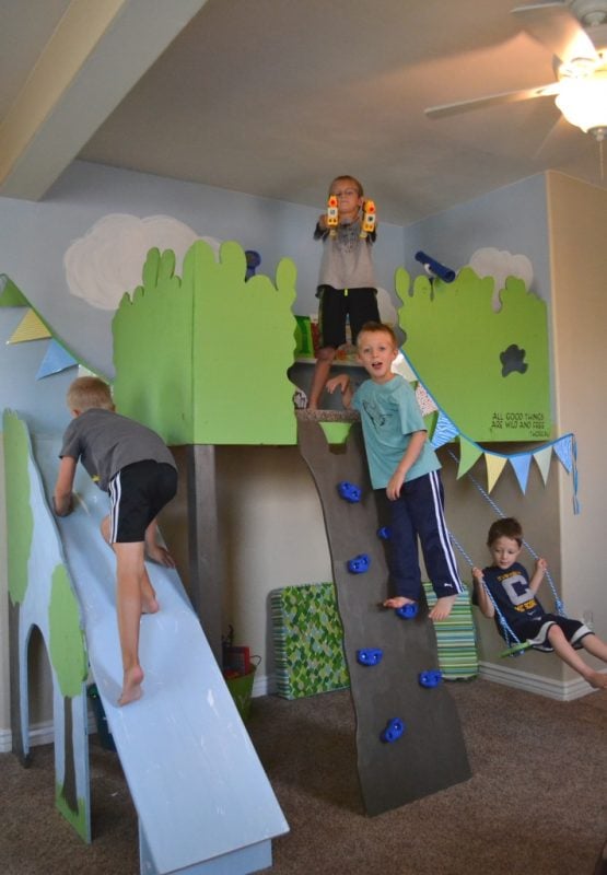 indoor tree house loft for kids with slide and swing, I Am Hardware featured on Remodelaholic