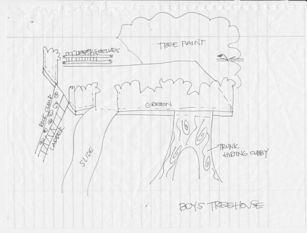 original sketched plans for loft indoor tree house, I Am Hardware featured on Remodelaholic