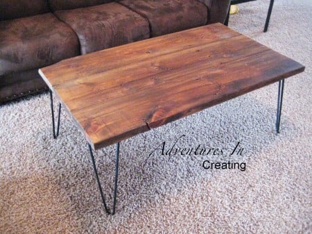 wooden coffee table with hairpin legs, Adventures in Creating via Remodelaholic