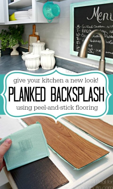 Plank Backsplash Using Peel and Stick Flooring  Mom 4 Real for Remodelaholic.com