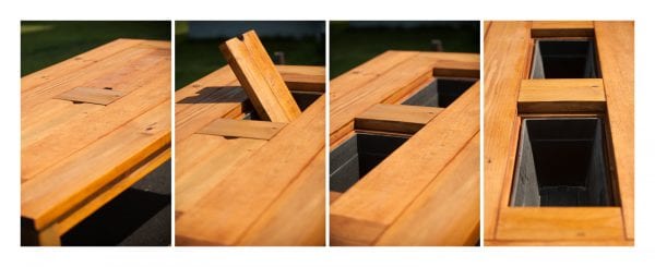 Finished product of my first woodworking project - outdoor table with ice chests in the center. Friday, July 17, 2015. (© 2015 Michael Connor / Connor Studios)