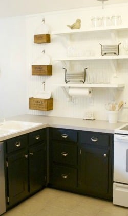 black painted cabinets with open white shelving