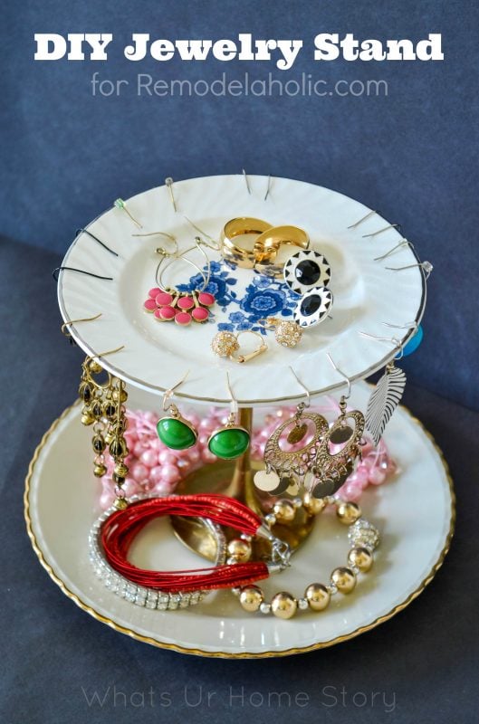 jewelry stand made from plates on Remodelaholic.com
