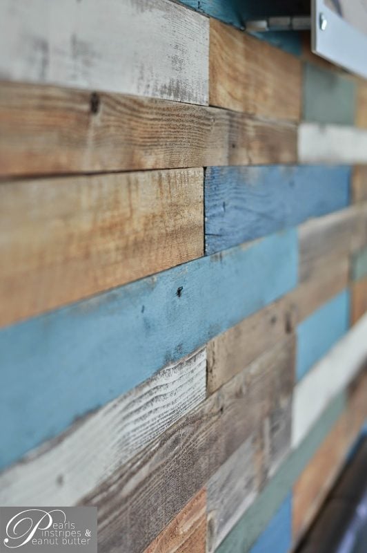 rustic and blue painted plank headboard wall, Pearls Pinstripes and Peanut Butter on Remodelaholic
