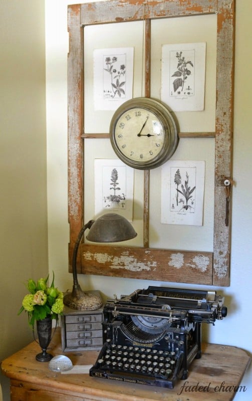 Faded Charm Cottage - old window into botanical frame with clock - via Remodelaholic