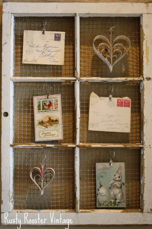 Rusty Rooster Vintage - old paned window with hardware cloth as photo display or memo board - via Remodelaholic