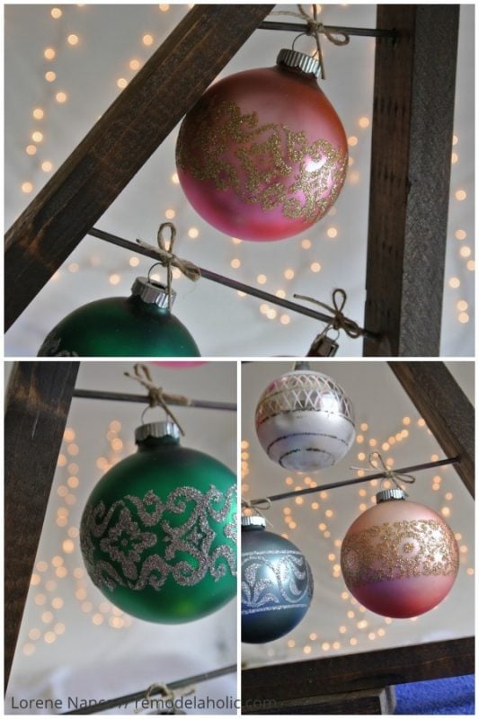vintage glass ornaments on a knock-off Crate and Barrel ornament tree display | Knockoff the Crate and Barrel wood ornament display tree for a fraction of the price using these free plans! Use it as an advent calendar or as a replacement for a traditional tree. Perfect for vintage and special ornaments. #remodelaholic #christmasdiy #diyChristmastree