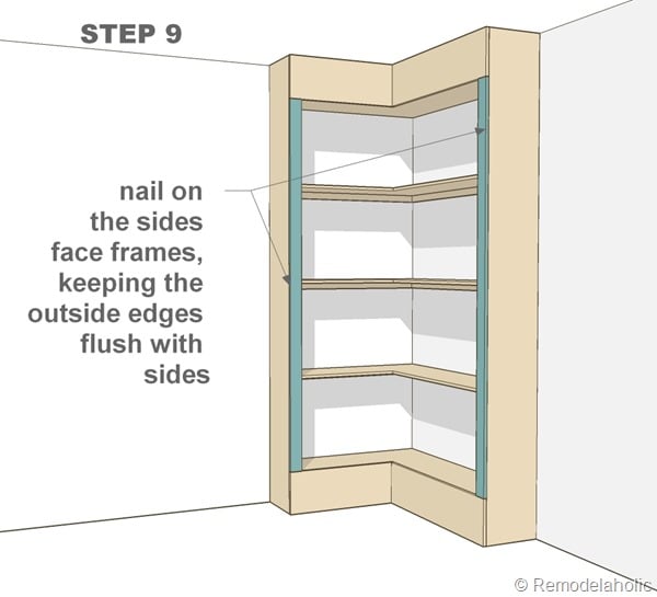 step 9 - corner bult-in bookshelves