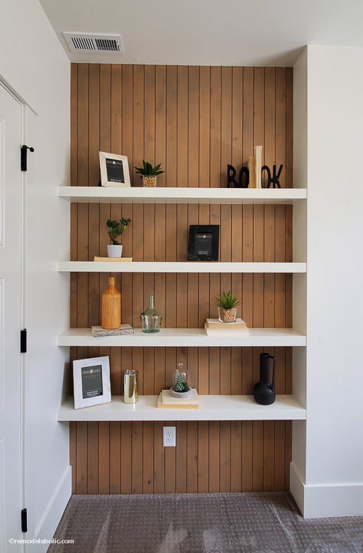 How to Decorate a Hallway: Floating Shelves and Vertical Plank Shiplap