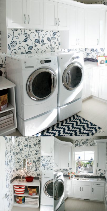 Bright and beautiful laundry room with beautiful wallpaper featured on Remodelaholic.com