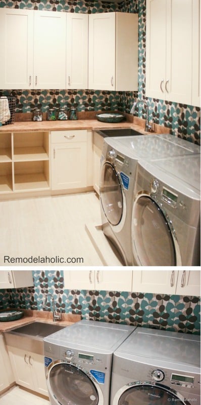 Fun laundry room with wallpaper to add some color and texture to the room Remodelaholic.com