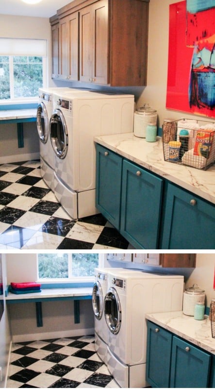 colorful laundry with builtin laundry bins and folding table plus fun floor featured on Remodelaholic.com