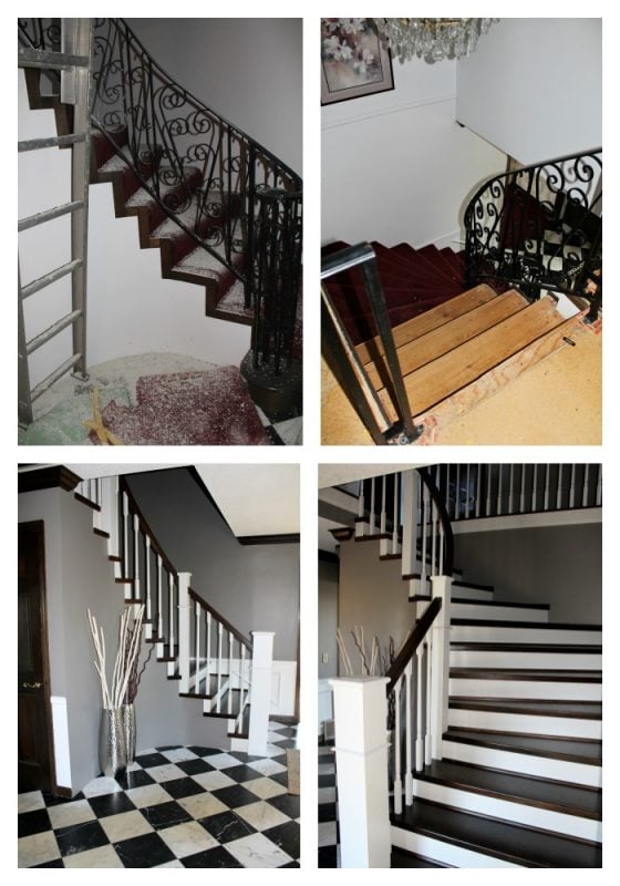 carpeted staircase remodel before and after - Construction2Style via @Remodelaholic