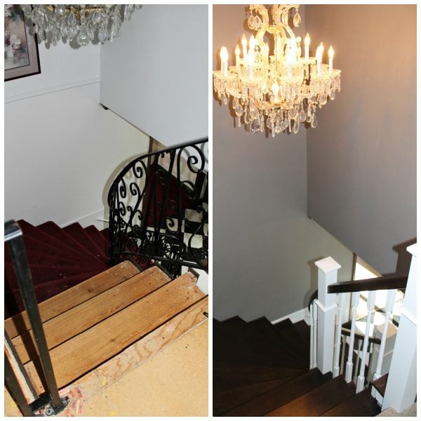 curved staircase from carpet to wood with new railing - Construction2Style via @Remodelaholic