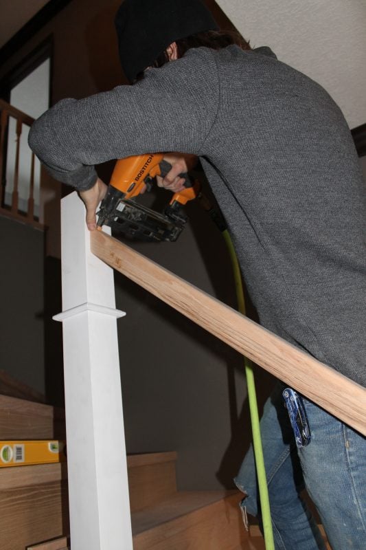installing new wood handrail on stairs - Construction2Style via @Remodelaholic