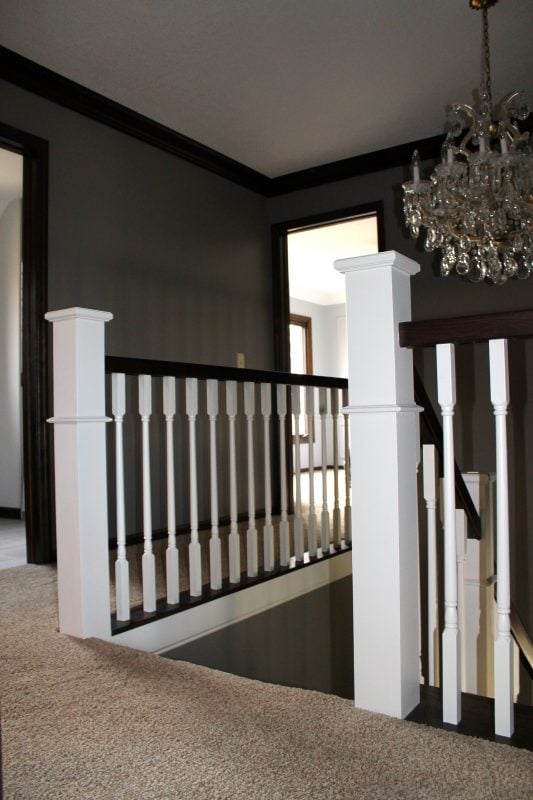 new wood stair hand rail and spindles - Construction2Style via @Remodelaholic